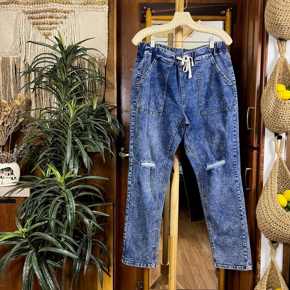 Stonewash Pull On Denim Jogger Jeans Large Elastic Waist Drawstring Distressed